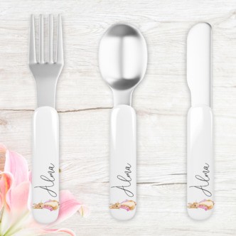 NYHED! Bestik sæt med navn / personligt bestik - Peter Kanin (Lyserødt) - Navn