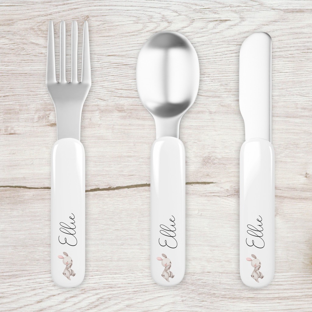 NYHED! Bestik sæt med navn / personligt bestik - Kanin Sky - Navn
