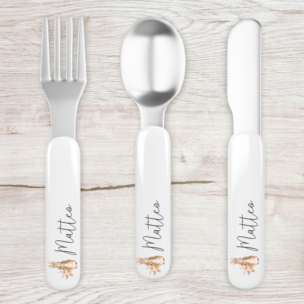 NYHED! Bestik sæt med navn / personligt bestik - Peter Kanin (Beige ) - Navn