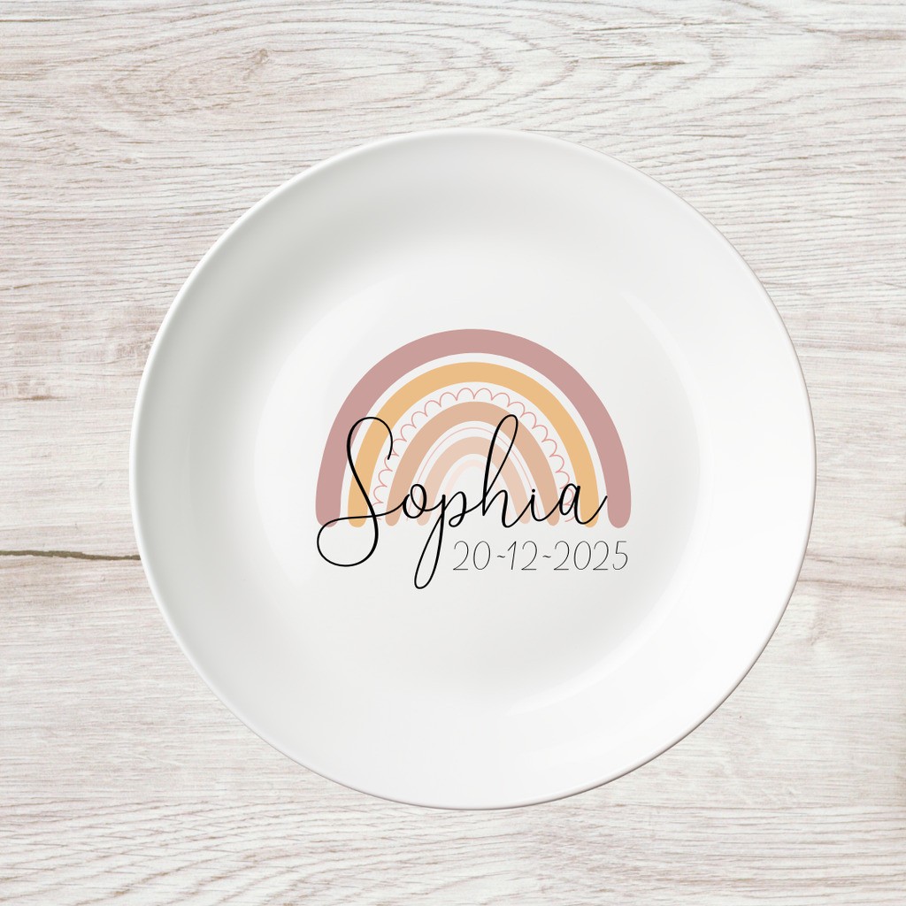 NYHED! Tallerken med navn / personlig tallerken -  Regnbue - Navn + Dato