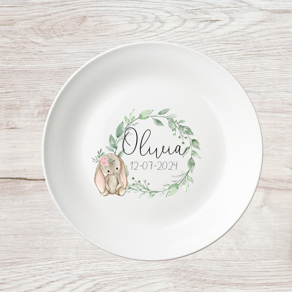 NYHED! Tallerken med navn / personlig tallerken - Kanin - Navn + Dato