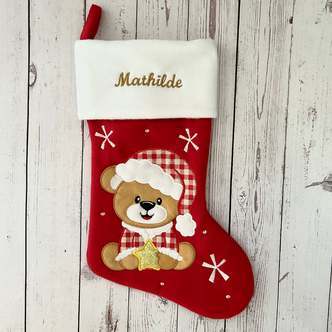 Nyhed - Julesok med navn rød (Bamse / stjerne) - Beige