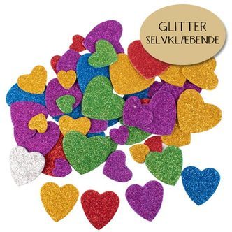 Mosgummi hjerter Glitter - selvklæbende - Mix farver