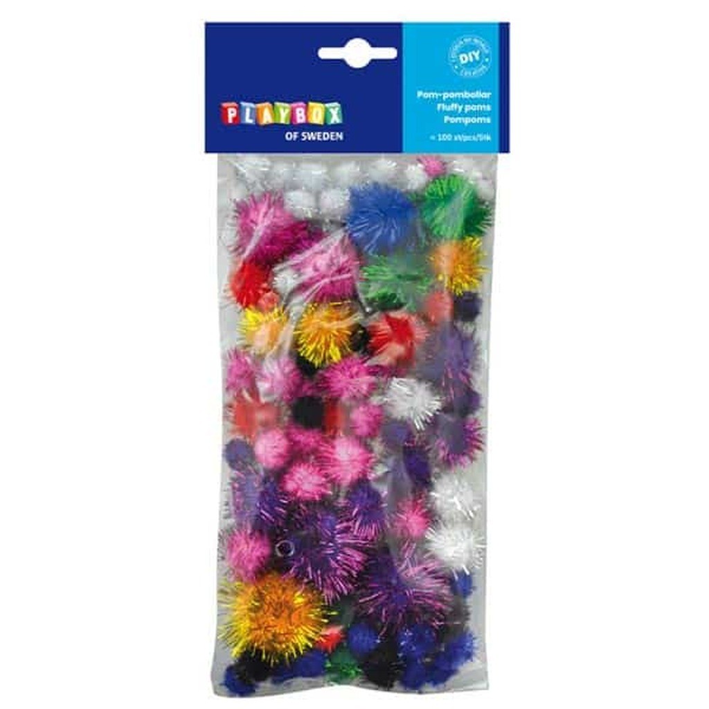 Pomponer Glitter mix 10-35 mm. - 100 stk.