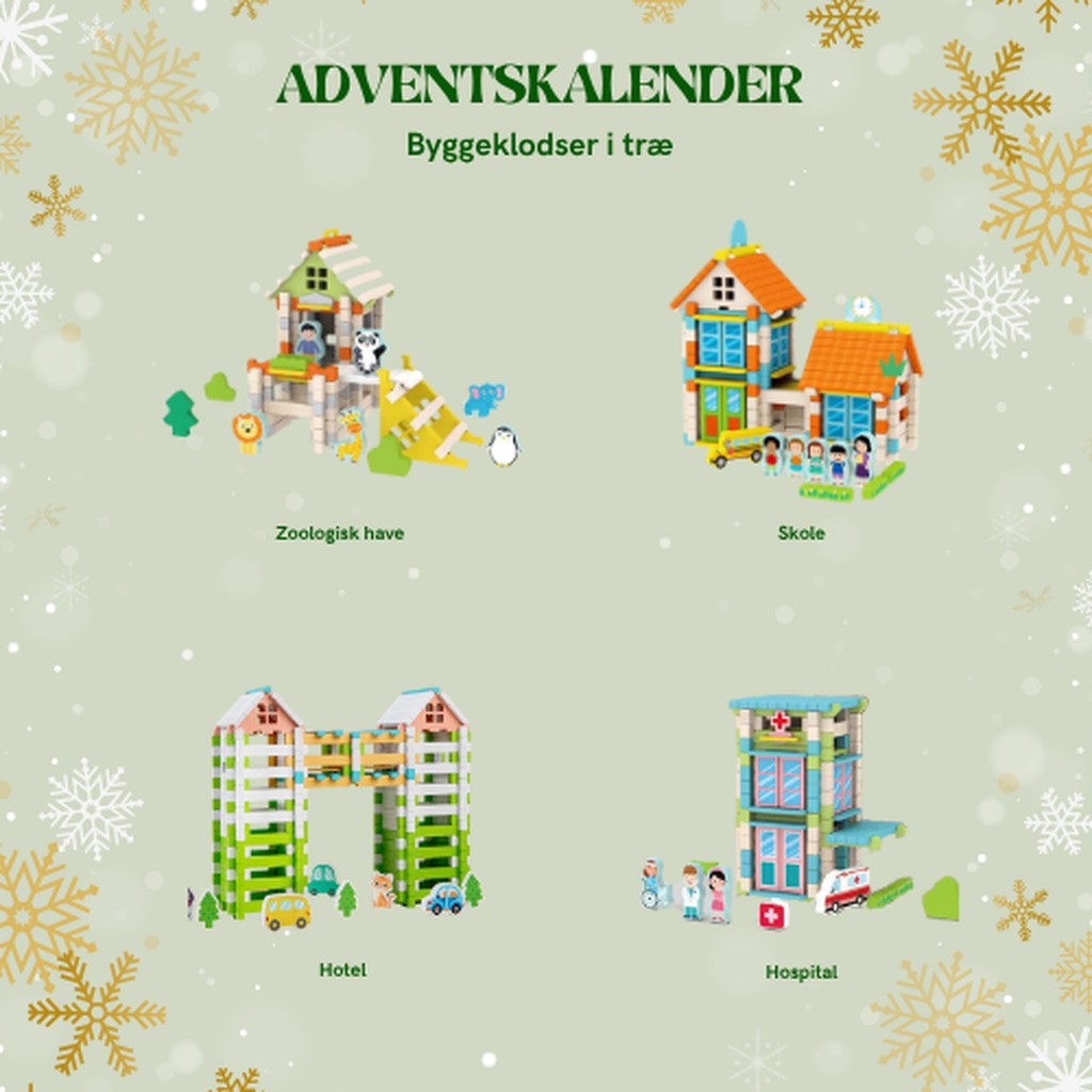 Adventskalender med 4 byggesæt i træ  Byens eventyr